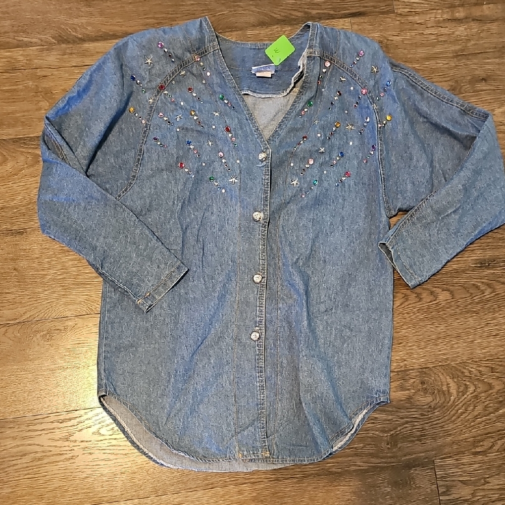 Embellish Jean Shirt EVINTAGE RETRO Bingo Denim Women Medium Sequins 80s